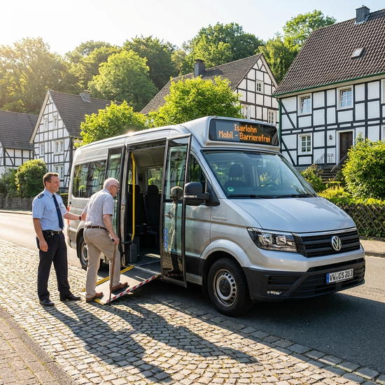 Ein barrierefreier Kleinbus mit geöffneter Rampe parkt an einer sonnigen Straße in Iserlohn. Ein freundlicher Fahrer hilft einem älteren Herrn mit Gehstock behutsam und lächelnd beim Einsteigen. Im Hintergrund ist eine idyllische Wohnsiedlung mit grünen Bäumen zu sehen.