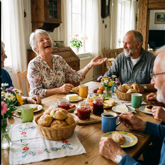 Eine fröhliche Gruppe von Senioren sitzt gemeinsam an einem liebevoll gedeckten Frühstückstisch. Auf dem Tisch stehen frische Brötchen, Marmelade und dampfender Kaffee in bunten Tassen. Eine ältere Dame lacht herzlich, während sie sich mit ihrem Sitznachbarn unterhält.