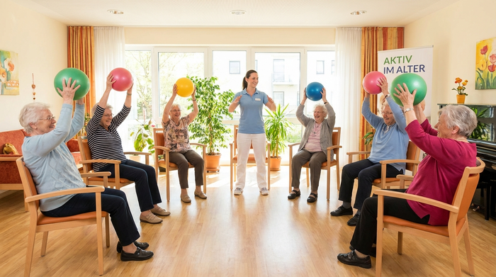 Ein heller Gruppenraum, in dem mehrere Senioren im Kreis auf bequemen Stühlen sitzen und leichte Sitzgymnastik machen. Sie halten bunte, weiche Gymnastikbälle in den Händen und heben diese lächelnd in die Höhe. Eine motivierte Betreuungskraft macht die Übungen schonend vor.
