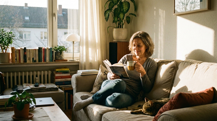 Eine entspannte Frau mittleren Alters sitzt gemütlich auf einem Sofa in ihrem eigenen Wohnzimmer, liest ein Buch und trinkt eine Tasse Tee. Sie wirkt ruhig und erholt. Durch das Fenster scheint sanftes Nachmittagslicht, das die friedliche Stimmung unterstreicht.