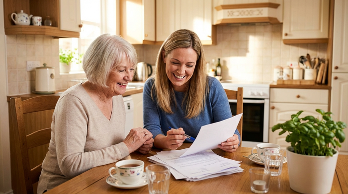 Eine ältere Dame und ihre Tochter sitzen gemeinsam an einem Esstisch und schauen lächelnd auf einige Papiere. Die Tochter hält einen Stift in der Hand und erklärt ihrer Mutter etwas. Die Atmosphäre ist vertraut, erleichtert und optimistisch.