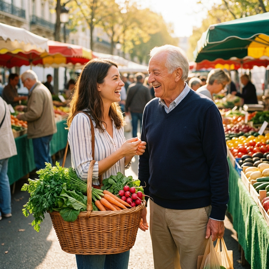 Eine engagierte jüngere Frau beim gemeinsamen Lebensmitteleinkauf mit einem Senior auf einem belebten, sonnigen Wochenmarkt. Frisches Gemüse liegt im Korb, klare und fröhliche Szene.