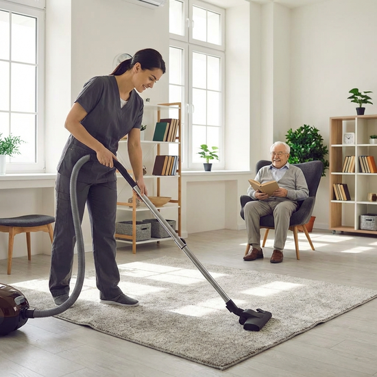 Eine Pflegekraft saugt den Teppich in einem aufgeräumten, modern eingerichteten Seniorenhaushalt. Im Hintergrund sitzt ein älterer Herr entspannt lesend in einem bequemen Sessel.