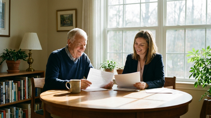Ein lächelnder Senior sitzt mit einer freundlichen Beraterin an einem runden Holztisch, beide betrachten zufrieden einige Dokumente. Eine Kaffeetasse steht auf dem Tisch, helles Tageslicht fällt durchs Fenster.