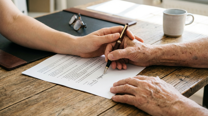 Zwei Hände, eine jünger, eine älter, halten gemeinsam einen Stift und unterschreiben ein Dokument auf einem Holztisch. Vertrauensvolle und professionelle Geste in einer sauberen Umgebung.