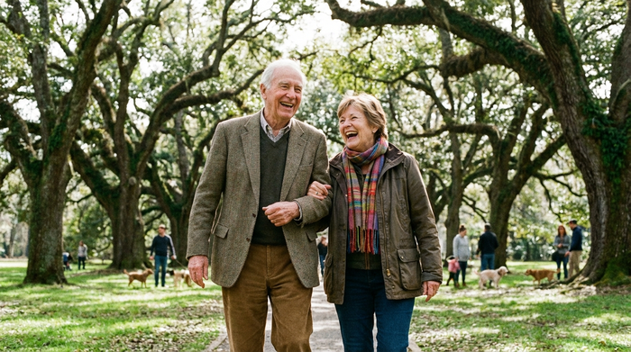 Ein rüstiger Senior und eine engagierte Alltagsbegleiterin spazieren an einem sonnigen Tag durch einen grünen Park mit alten Bäumen. Sie haken sich unter und lachen herzlich miteinander.