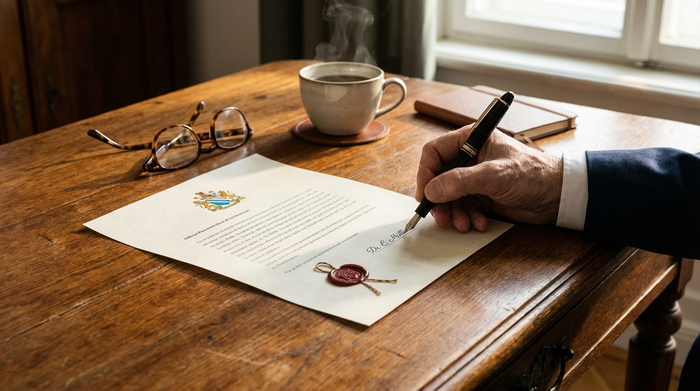Eine ältere Hand hält einen edlen Füller und unterschreibt ein offizielles Dokument auf einem aufgeräumten Holzschreibtisch. Daneben liegt eine Lesebrille und eine Tasse dampfender Kaffee.