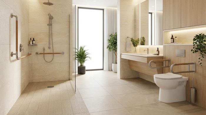 Ein modernes, helles und barrierefreies Badezimmer mit einer ebenerdigen Dusche, eleganten Haltegriffen an den Wänden und rutschfesten, beigefarbenen Bodenfliesen.