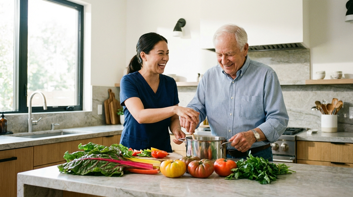 Eine freundliche Pflegekraft hilft einem lächelnden Senioren beim gemeinsamen Kochen in einer sauberen, modernen Küche. Frisches Gemüse liegt auf dem Tresen. Helles Tageslicht, harmonische Stimmung, realistische Fotografie.