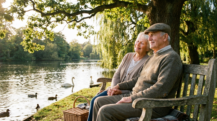 Ein älteres Ehepaar sitzt entspannt auf einer Parkbank an einem malerischen Seeufer im Sonnenschein, umgeben von grünen Bäumen. Ein friedlicher und sorgenfreier Moment im Alter, fotorealistisch.
