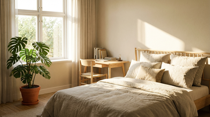 Ein helles, freundlich eingerichtetes Gästezimmer mit einem komfortablen Bett, einem kleinen Schreibtisch am Fenster und einer Zimmerpflanze. Warme Sonnenstrahlen fallen durch das Fenster, einladende und saubere Umgebung, fotorealistisch.