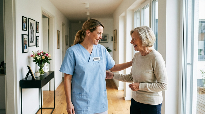 Eine professionelle Pflegekraft in sauberer Berufskleidung unterhält sich freundlich mit einer Angehörigen im Flur eines gepflegten Hauses. Vertrauensvolle Gesten, helles Licht, positive und professionelle Atmosphäre.