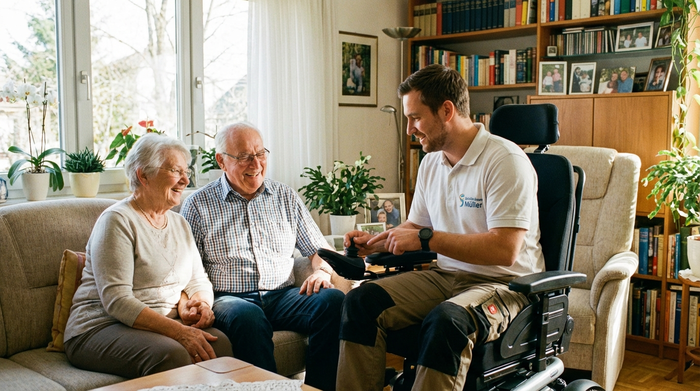 Ein freundlicher Reha-Techniker in sauberer Arbeitskleidung erklärt einem älteren Ehepaar in ihrem gemütlichen Wohnzimmer die Funktionen eines modernen Rollstuhls. Alle lächeln, entspannte und vertrauensvolle Stimmung. Helles Tageslicht.