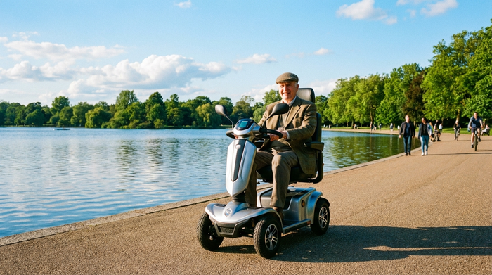 Ein älterer Herr fährt mit einem modernen, vierrädrigen Elektromobil auf einem gepflasterten Weg an einem Seeufer entlang. Im Hintergrund grüne Bäume und ein strahlend blauer Himmel. Die Szene wirkt friedlich und mobil.