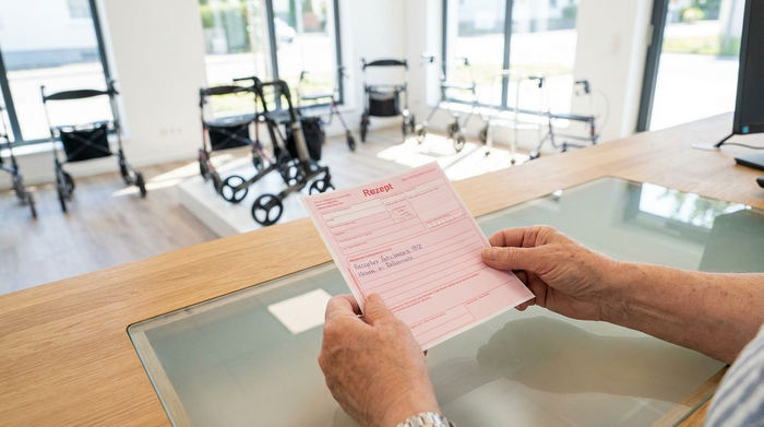 Eine Nahaufnahme von Händen, die ein rosa Rezeptformular an den Tresen eines modernen, hellen Sanitätshauses übergeben. Im Hintergrund sind unscharf verschiedene Mobilitätshilfen wie Rollatoren zu erkennen. Sauberes, professionelles Umfeld.
