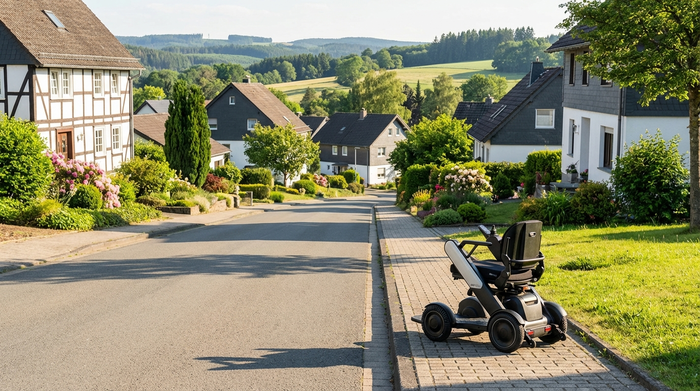 Ein Blick auf eine leicht hügelige Straße in einem idyllischen Wohngebiet mit gepflegten Einfamilienhäusern und grünen Vorgärten im Sauerland. Ein moderner elektrischer Rollstuhl steht sicher am Rand des Gehwegs.