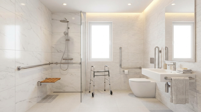 Ein helles, barrierefreies Badezimmer mit einer modernen, bodengleichen Dusche und Haltegriffen an den Wänden. Alles ist sehr sauber, stilvoll gefliest und gut beleuchtet. Eine sichere und komfortable Umgebung für Senioren.