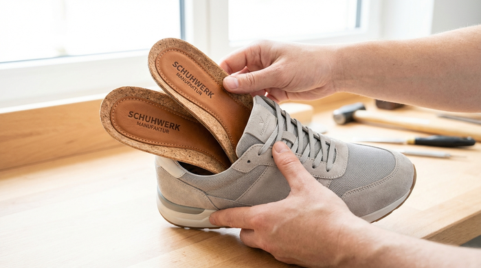 Nahaufnahme von hochwertigen, maßgefertigten orthopädischen Einlagen aus Kork und weichem Leder, die sanft in einen bequemen, modernen Straßenschuh gelegt werden. Helle, freundliche Beleuchtung auf einem sauberen Holztisch.
