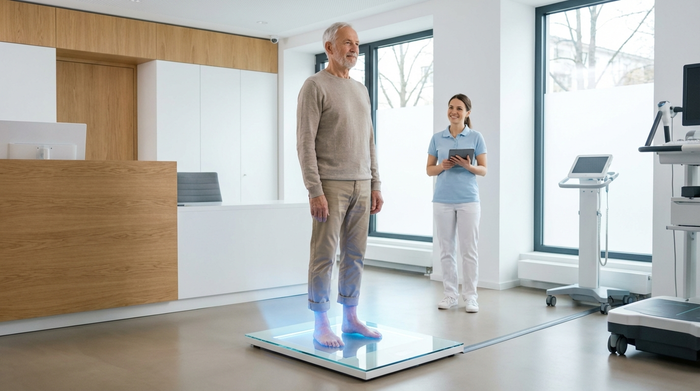 Ein moderner, sauberer Raum in einem Sanitätshaus. Ein älterer Herr steht entspannt barfuß auf einer flachen, leuchtenden 3D-Scanner-Platte aus Glas. Bläuliches Licht beleuchtet sanft die Füße, während eine freundliche Fachkraft im Hintergrund lächelt.