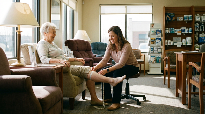 Eine einfühlsame Fachkraft im Sanitätshaus misst am frühen Morgen mit einem weichen Maßband behutsam den Wadenumfang einer lächelnden Seniorin. Heller, einladender Raum mit bequemen Sitzmöbeln und warmem Sonnenlicht.