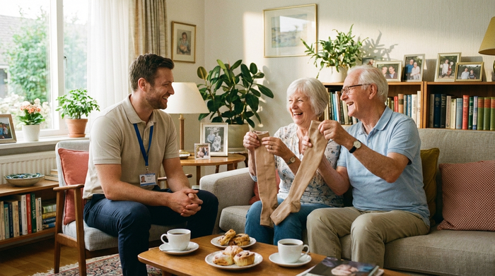 Eine freundliche Sanitätshaus-Mitarbeiterin besucht ein älteres Ehepaar in ihrem gemütlichen, hellen Wohnzimmer. Sie sitzen gemeinsam auf dem Sofa, trinken Kaffee und betrachten entspannt ein Paar neue, hautfarbene Kompressionsstrümpfe.