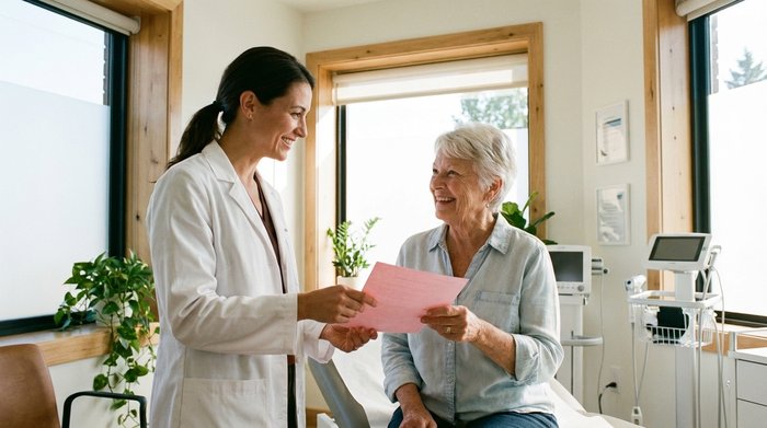 Eine empathische Ärztin in weißem Kittel bespricht sich lächelnd mit einer Seniorin in einem hellen, modernen Behandlungszimmer. Die Ärztin überreicht ein rosafarbenes Papier. Tageslicht, vertrauensvolle Stimmung, keine lesbaren Texte.