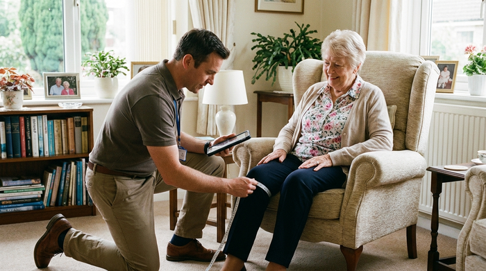 Ein Fachberater misst im hellen Wohnzimmer einer Seniorin professionell ihr Bein für Kompressionsstrümpfe aus. Die Seniorin sitzt bequem auf einem Sessel und lächelt. Respektvolle, ruhige und häusliche Pflegesituation.