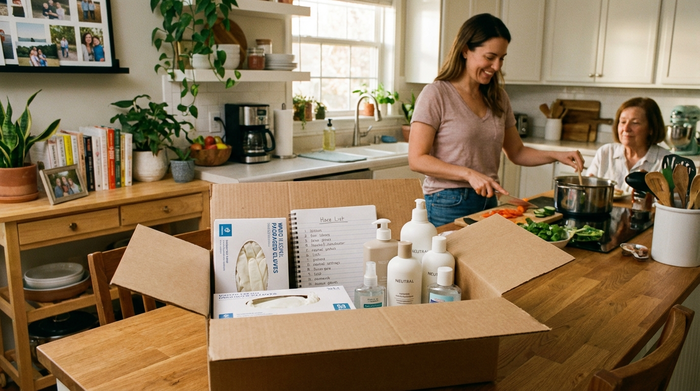 Eine geöffnete Box mit Pflegeutensilien wie verpackten Handschuhen und neutralen Flaschen auf einem Küchentisch. Im Hintergrund bereitet eine pflegende Tochter eine Mahlzeit vor. Warme, aufgeräumte und häusliche Atmosphäre.