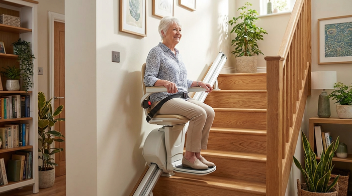Ein moderner, bequemer Treppenlift ist an einer Holztreppe in einem gepflegten Einfamilienhaus installiert. Eine ältere Dame fährt sicher und entspannt nach oben. Helles Treppenhaus, wohnlich eingerichtet, realistische Darstellung.