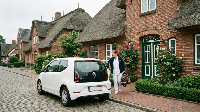 Ein kleines, weißes Auto parkt vor einem gepflegten norddeutschen Backsteinhaus in einer ruhigen Straße. Eine Pflegekraft steigt gerade mit einer Tasche aus und geht auf die Haustür zu.