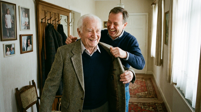Ein liebevoller Moment zwischen einem älteren Herrn und seinem erwachsenen Sohn, der ihm beim Anziehen einer Jacke im Flur hilft. Beide lachen herzlich miteinander.