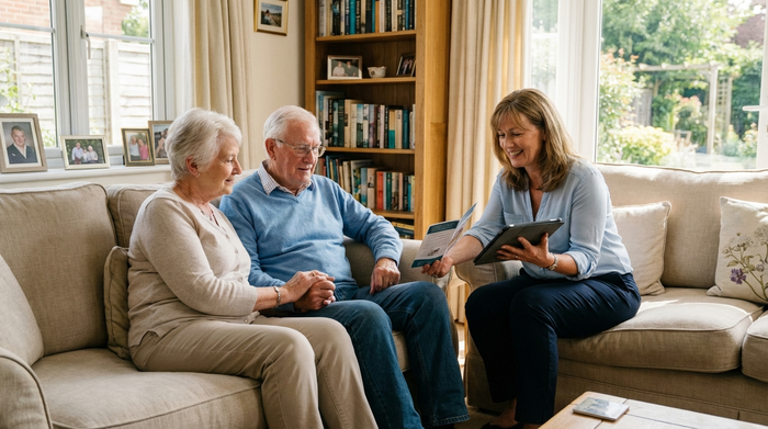 Eine kompetente Pflegeberaterin sitzt mit einem älteren Ehepaar auf einem gemütlichen Sofa und erklärt ruhig die verschiedenen Möglichkeiten der Unterstützung. Die Stimmung ist positiv, aufmerksam und klärend.