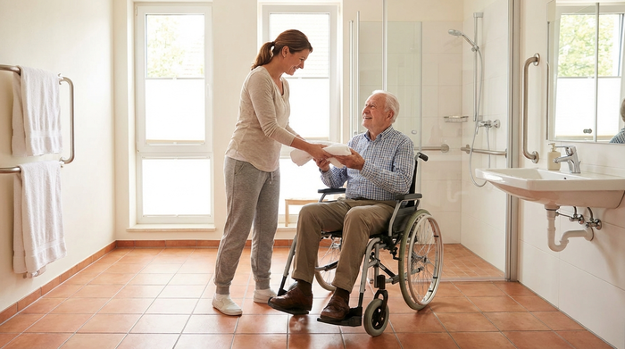 Eine einfühlsame Pflegekraft reicht einem älteren Herrn im Rollstuhl in einem hellen, barrierefreien Badezimmer ein frisches Handtuch. Sauberer Raum, warme Fliesen, respektvoller Umgang ohne sichtbaren Text.