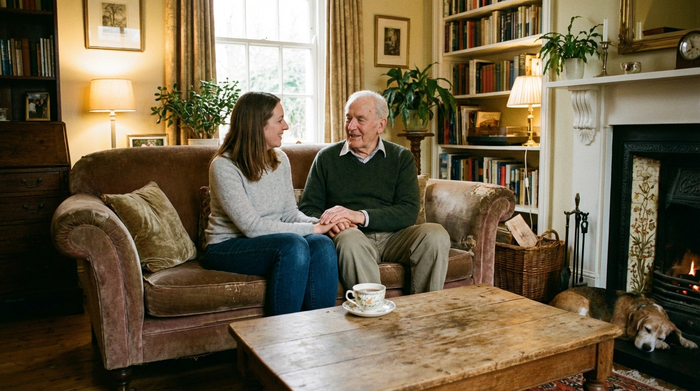 Eine erwachsene Tochter sitzt mit ihrem älteren Vater auf einem gemütlichen Sofa im Wohnzimmer. Sie unterhalten sich ruhig und zugewandt, während eine Tasse Tee auf dem Tisch steht. Entspannte, vertrauensvolle Stimmung.