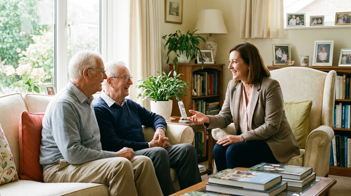 Eine erfahrene Pflegedienstleitung im gepflegten Business-Casual-Look unterhält sich freundlich mit einem Seniorenpaar in deren Wohnzimmer. Helle, einladende Umgebung, realistische Gesprächssituation ohne störende Schriftzüge.