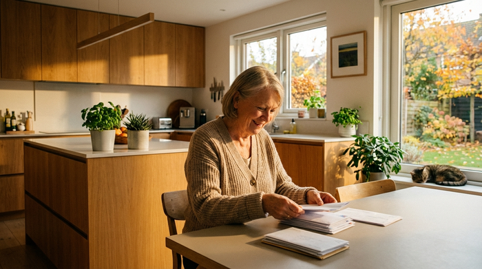 Eine ältere Frau sitzt entspannt am Küchentisch und sortiert mit einem Lächeln ein paar Briefumschläge. Durch das Fenster im Hintergrund fällt sanftes Nachmittagslicht in die aufgeräumte, moderne Küche.