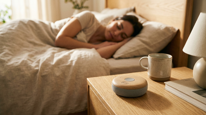 Ein moderner, unauffälliger Hausnotruf-Sender liegt auf einem hölzernen Nachttisch neben einem gemütlichen Bett. Im Hintergrund sieht man unscharf eine friedlich schlafende Person. Ruhige, sichere Atmosphäre im Schlafzimmer.