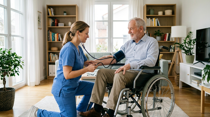 Eine professionelle Pflegekraft in blauer Dienstkleidung misst den Blutdruck eines älteren Herrn im Rollstuhl in einem aufgeräumten, hellen Wohnzimmer. Respektvoller Umgang, medizinischer Fokus, realistisch.