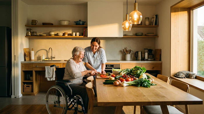 Eine Betreuungskraft und eine Seniorin kochen gemeinsam lachend in einer modernen, barrierefreien Küche. Frisches Gemüse auf dem Tisch, warme Beleuchtung, harmonisches Zusammenleben.