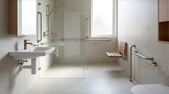 Ein modernes, helles und barrierefreies Badezimmer mit einer ebenerdigen Dusche, Haltegriffen an den Wänden und einem rutschfesten Boden. Sauber, sicher, hochwertiges Interieur ohne Text.