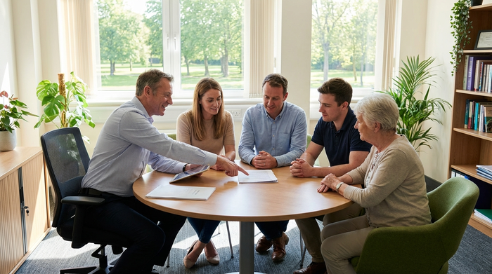 Eine Familie sitzt mit einem Pflegeberater an einem runden Tisch. Sie besprechen konzentriert, aber entspannt die Pflegeplanung. Helles Büro, professionelle Beratungssituation.