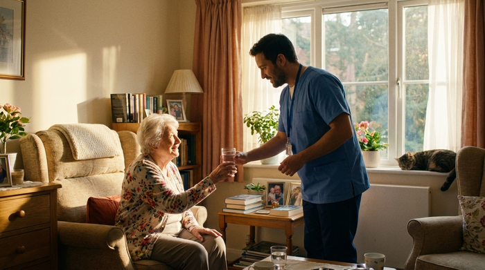 Ein freundlicher Pfleger reicht einer lächelnden Seniorin ein Glas Wasser in einem hellen, gemütlich eingerichteten Zimmer eines Pflegeheims. Warmes Sonnenlicht fällt durch das große Fenster.