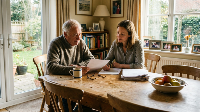 Ein älterer Herr sitzt mit seiner erwachsenen Tochter am Esstisch und betrachtet nachdenklich, aber entspannt einige Dokumente. Eine Tasse Kaffee steht auf dem Holztisch.