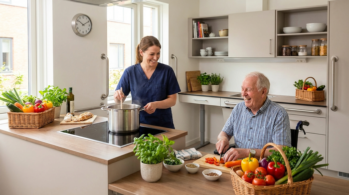 Eine aufmerksame Betreuerin kocht gemeinsam mit einem fröhlichen Senior in einer modernen, barrierefreien Küche frisches Gemüse.