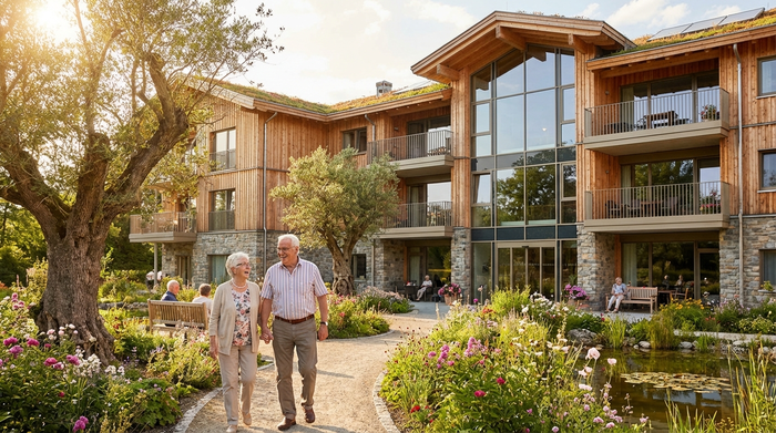 Eine ansprechende Außenansicht eines modernen Seniorenwohnheims mit einem blühenden, grünen Garten, in dem zwei Senioren gemütlich spazieren gehen.
