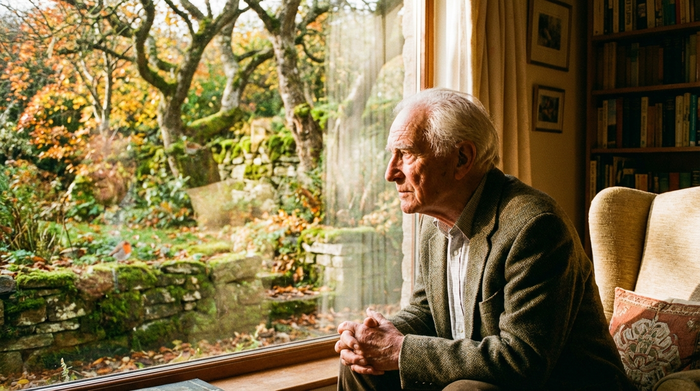 Ein älterer Herr mit weißem Haar blickt nachdenklich aus einem hellen Fenster in einen grünen Garten. Warme, herbstliche Lichtstimmung, ruhige und sichere Umgebung, fotorealistisch.