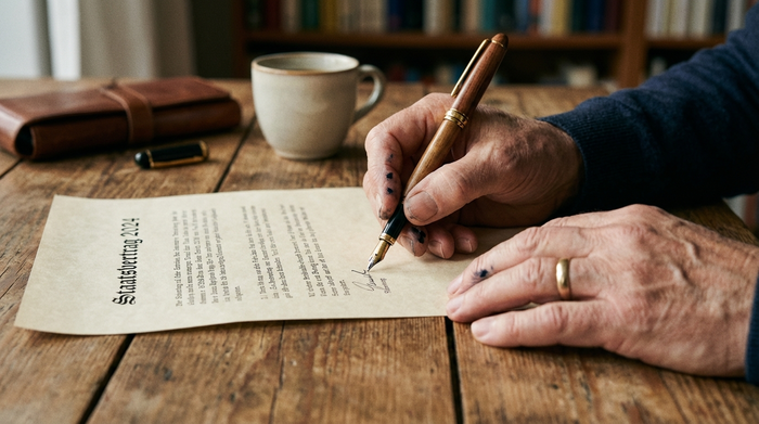 Eine detaillierte Nahaufnahme von zwei Händen, die einen Stift halten und ein wichtiges Dokument auf einem Holztisch unterschreiben. Verschwommener Hintergrund mit einer Kaffeetasse, helle und seriöse Atmosphäre.