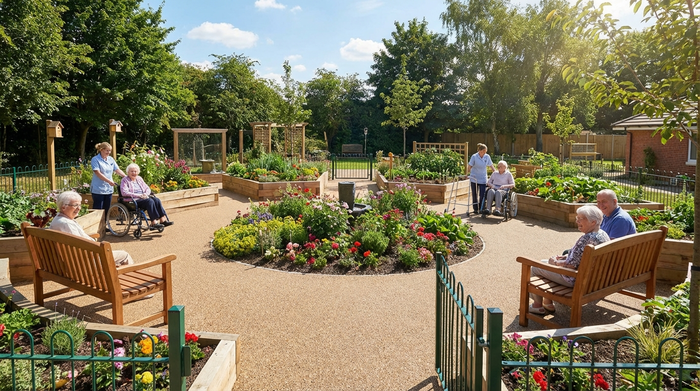 Ein wunderschön angelegter, barrierefreier Demenzgarten mit Hochbeeten, bunten Blumen und gemütlichen Holzbänken. Ein sicherer Rundweg führt durch die grüne Anlage unter blauem Himmel, fotorealistisch.