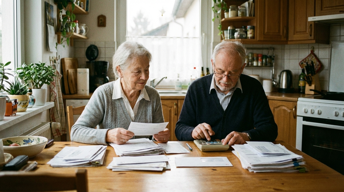 Ein älteres Ehepaar sitzt gemeinsam am Küchentisch und sortiert in Ruhe Dokumente und Briefe. Eine Brille und ein Taschenrechner liegen bereit, weiches Tageslicht, fokussierte Stimmung.