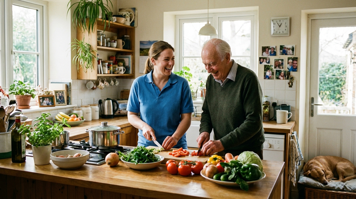 Eine freundliche 24-Stunden-Pflegekraft kocht gemeinsam mit einem lächelnden Senior in einer gemütlichen, hellen Küche. Frisches Gemüse liegt auf der Arbeitsfläche, familiäre und fröhliche Stimmung.